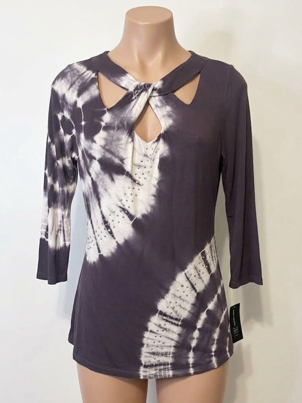 INC International Concepts Charcoal Tie-Dye Keyhole Long Sleeve Top